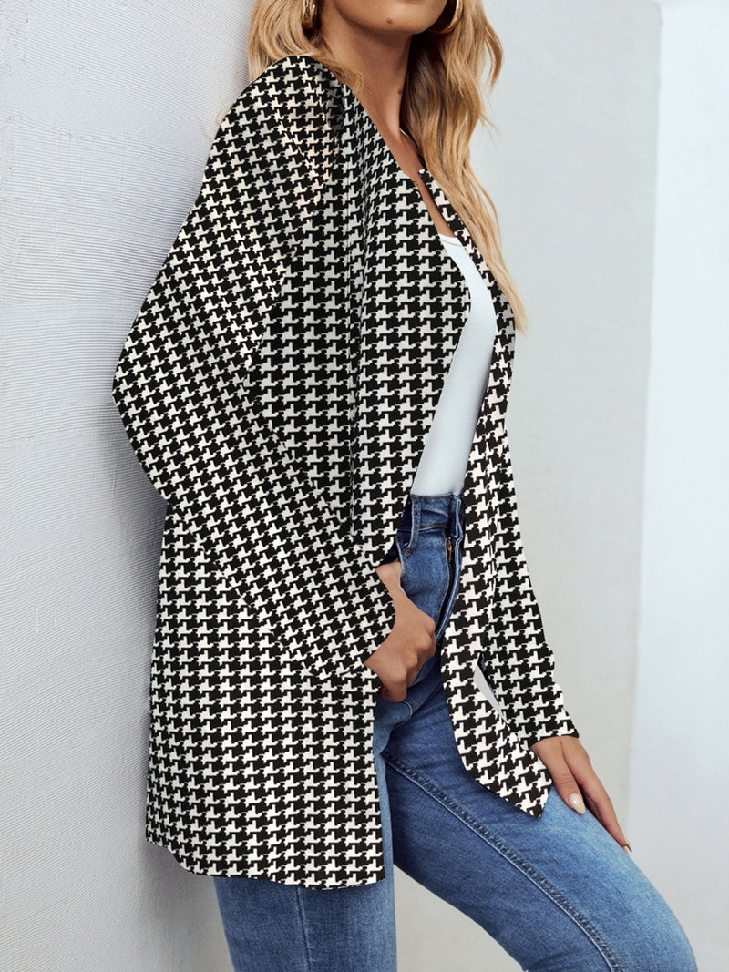 Houndstooth Open Front Long Sleeve Jacket