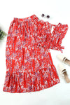 Fiery Red Multicolor Floral Ruffled Crop Top and Maxi Skirt Set