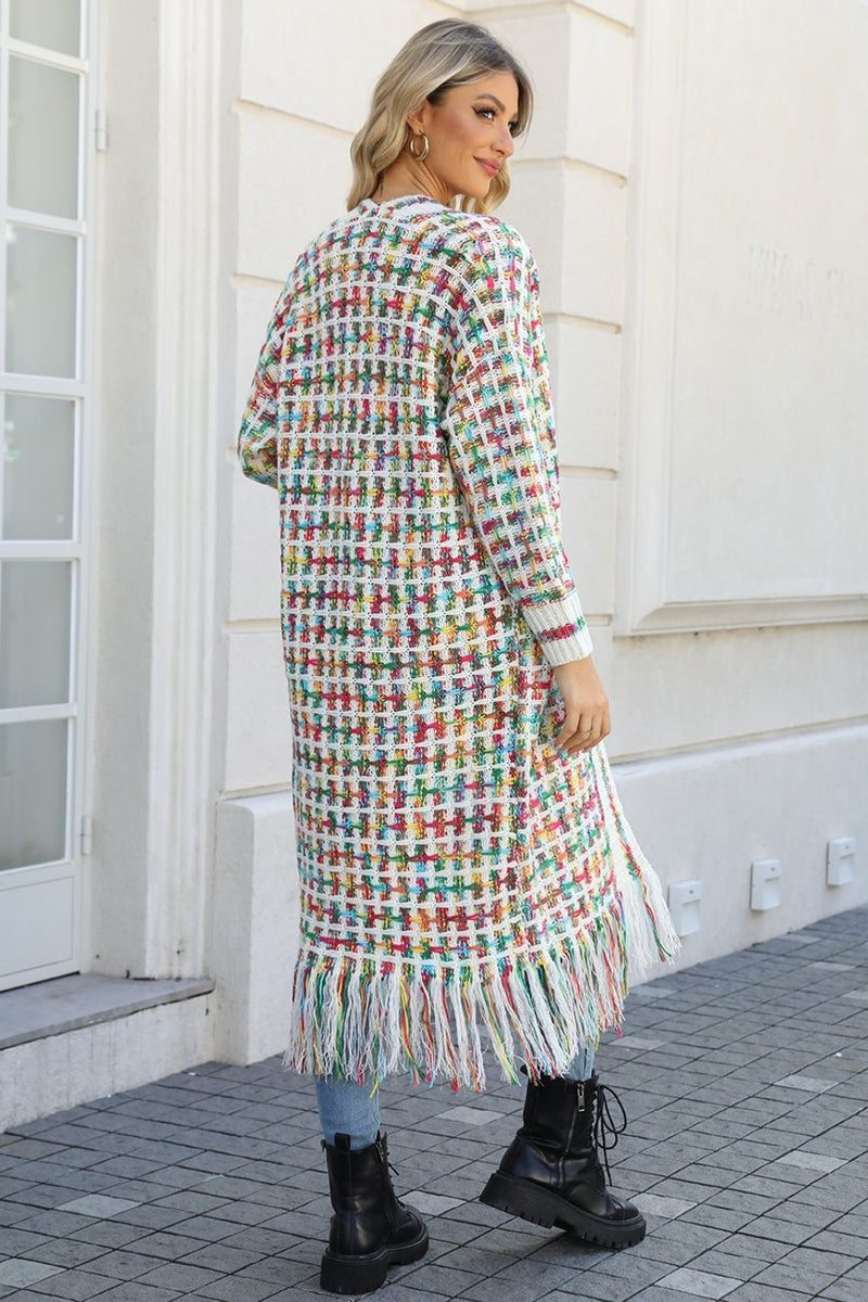 Cárdigan con dobladillo con flecos en la parte delantera abierta multicolor de tamaño completo con alas de ángel