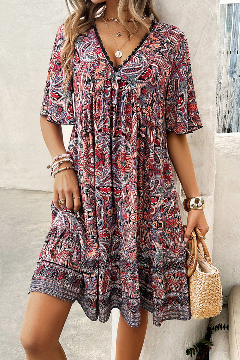 Devine Printed V-Neck Half Sleeve Mini Dress