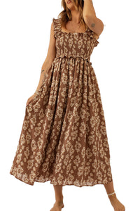 Brown Ruffled Straps Smocked Floral Maxi Dress