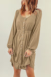 Khaki Button Up High Waist Long Sleeve Dress