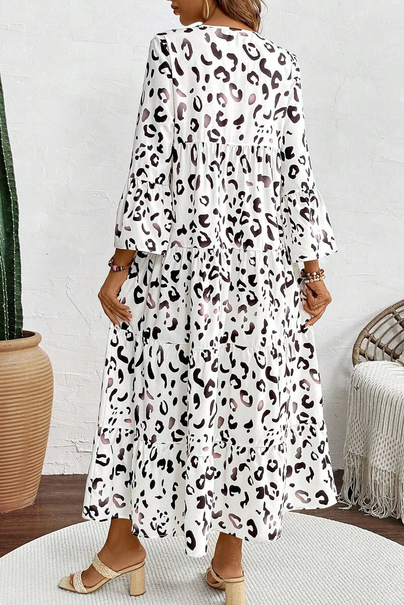 Vestido de manga tres cuartos con muescas y leopardo escalonado