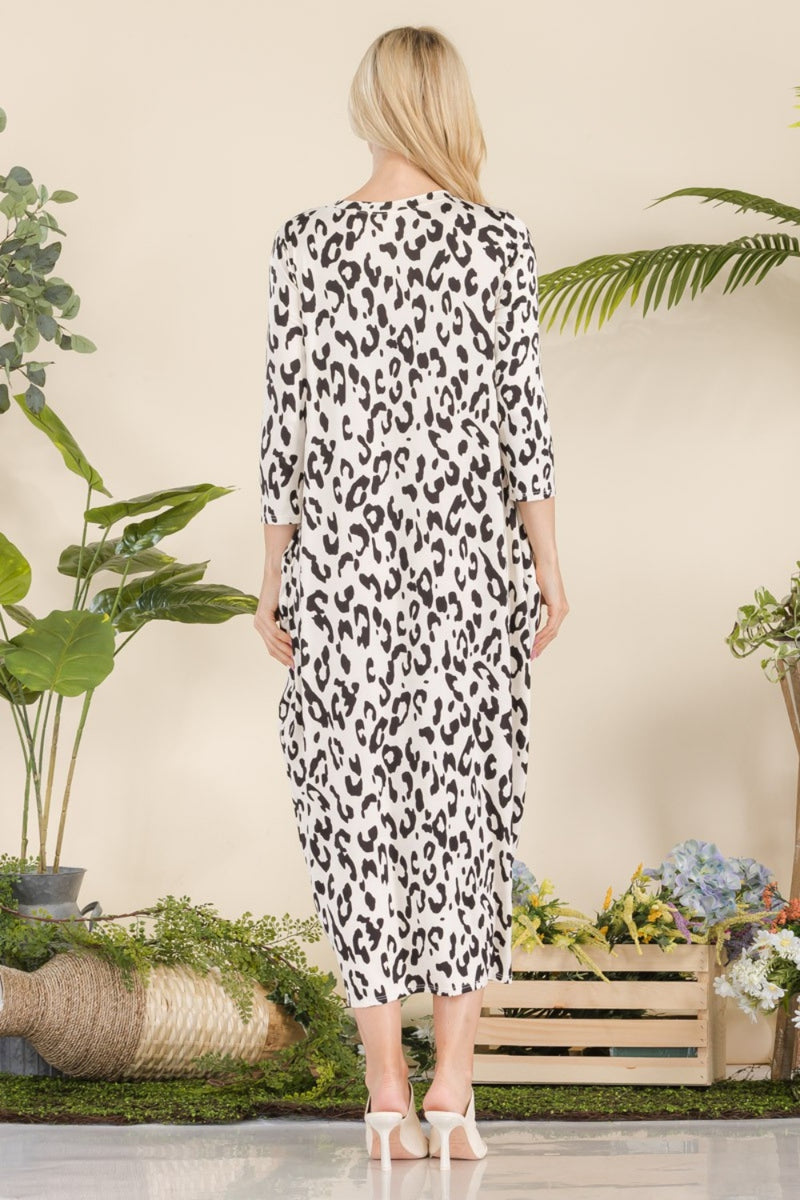 Vestido Celeste de tamaño completo con contraste de leopardo y bolsillos