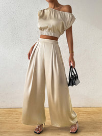 One Shoulder Short Sleeve Top and Wide Leg Pants Set