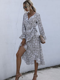 Perfee Ruffled Slit Surplice Long Sleeve Dress