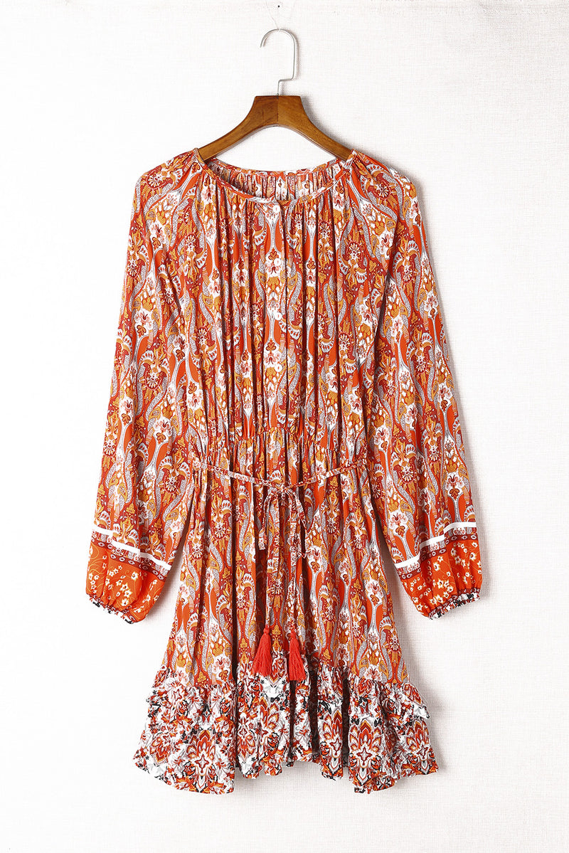 Orange Western Pattern Print Lantern Sleeve Drawstring Mini Dress