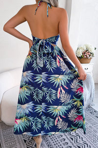 Botanical Print Tied Backless Cutout Slit Dress