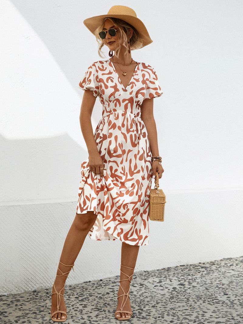 Printed V-Neck Short Sleeve Dress