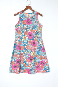 Mini vestido floral sin mangas con cuello redondo multicolor