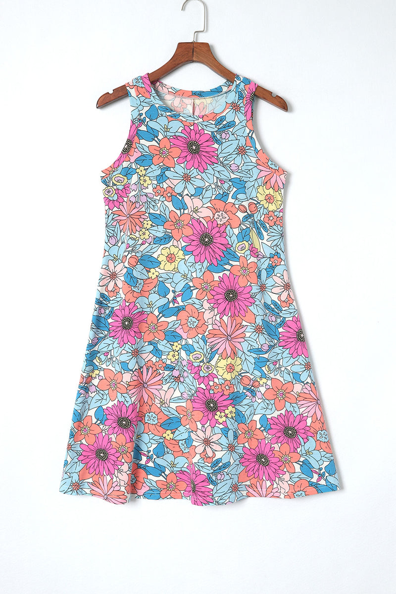 Mini vestido floral sin mangas con cuello redondo multicolor