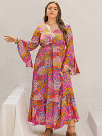 Plus Size Printed V-Neck Long Sleeve Maxi Dress