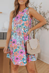 Mini vestido floral sin mangas con cuello redondo multicolor