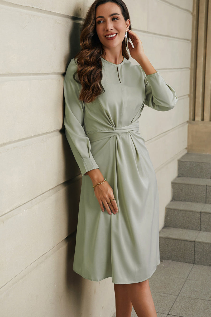 Green Twist Front Tie Back Long Sleeve Satin Dress