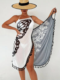 Tassel Printed Spaghetti Strap Cover Up