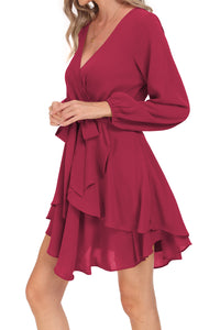 Tied Surplice Balloon Sleeve Layered Dress