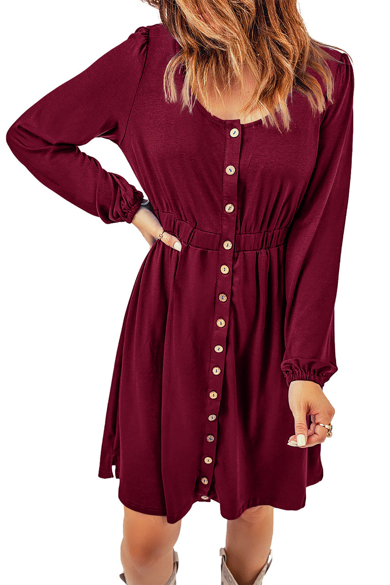 Fiery Red Button Up High Waist Long Sleeve Dress