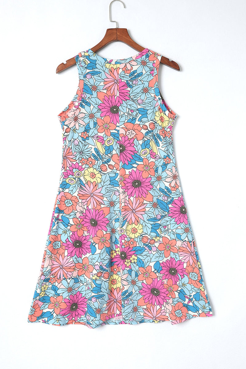 Mini vestido floral sin mangas con cuello redondo multicolor