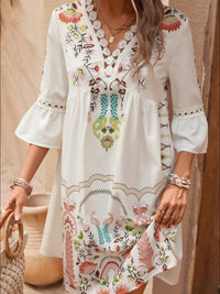 Lace Detail Printed Three-Quarter Sleeve Dress