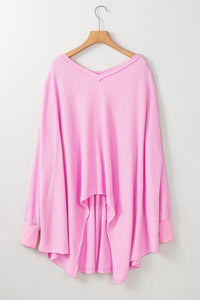 Waffle-Knit V-Neck Long Sleeve Blouse