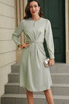 Green Twist Front Tie Back Long Sleeve Satin Dress