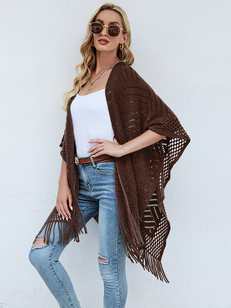 Shiny Fringe Hem Open Front Poncho