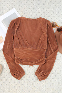 Drawstring V-Neck Balloon Sleeve Blouse