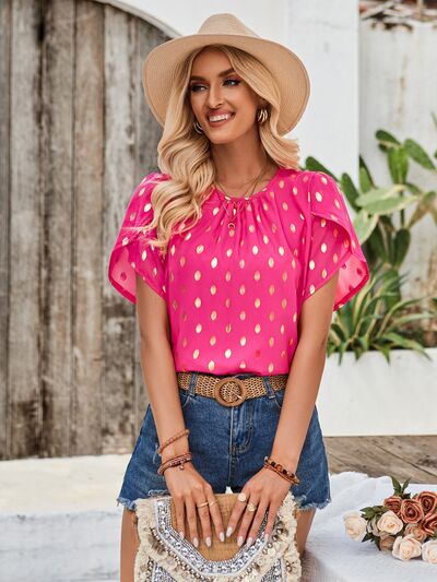 Blusa de manga pétalo con cuello redondo impresa