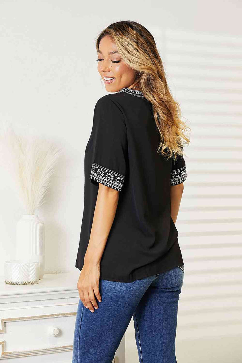 Double Take Embroidered Notched Neck Top