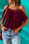 Spaghetti Strap Cold-Shoulder Lace Trim Blouse