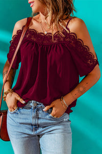 Spaghetti Strap Cold-Shoulder Lace Trim Blouse