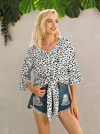 Tied Printed Button Up V-Neck Blouse