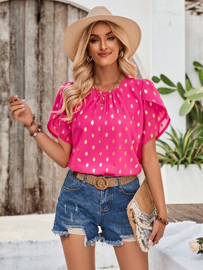 Blusa de manga pétalo con cuello redondo impresa