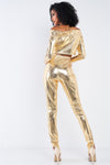 Metallic Small Scales Print Long Sleeve Off-the-shoulder Cropped Top And High Waist Slim Fit Legging Set