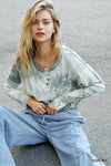 Tie Dye Round Neck Ribbed Button Front Top With Round Hem