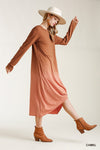 Ombre Front Knot Detail Long Sleeve Maxi Dress With Raw Hem