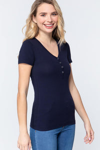 Short Slv V-neck Henley Knit Top