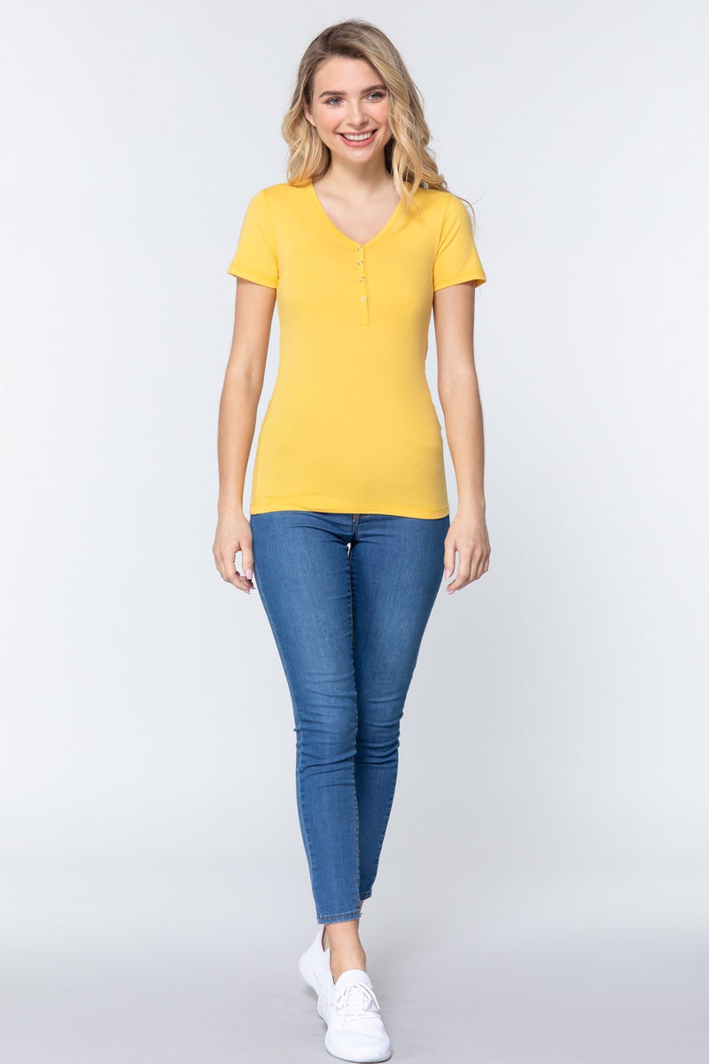 Short Slv V-neck Henley Knit Top