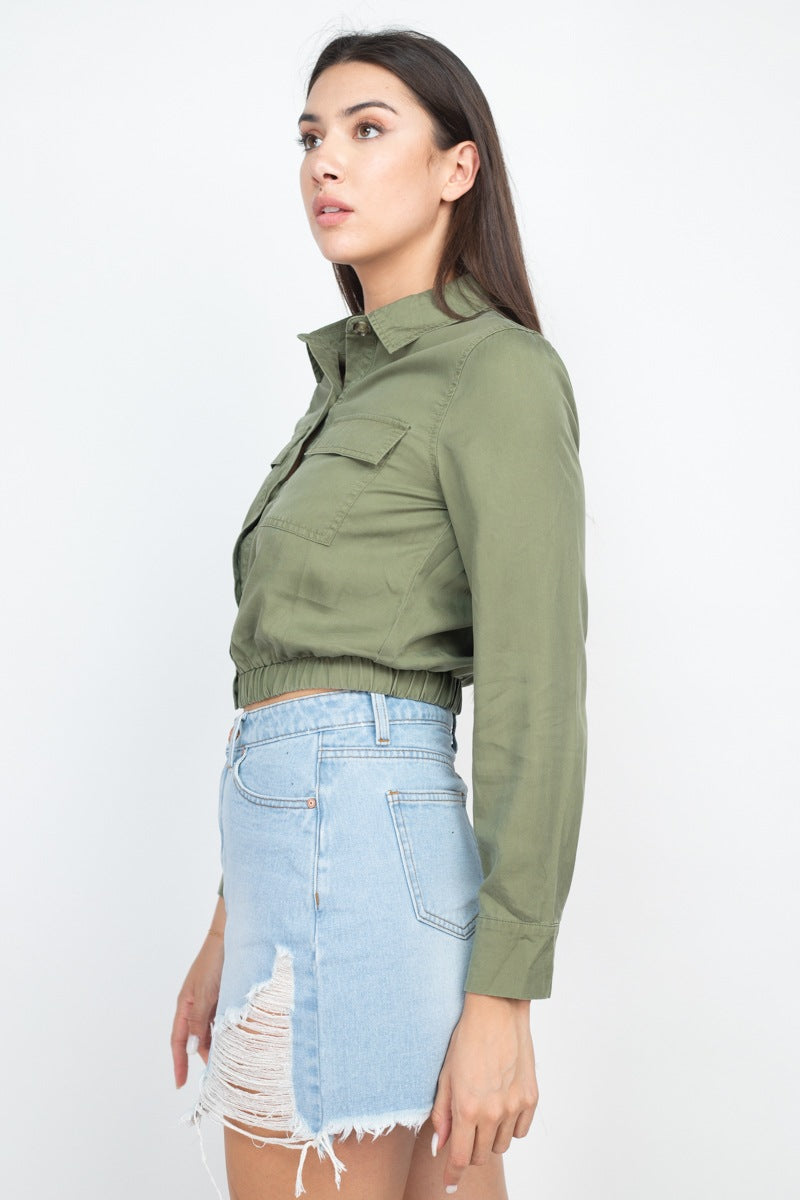 Elasticized Waist Flap Pockets Top