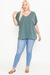 Blusa lisa de manga corta Dolman con cuello en V y abertura lateral