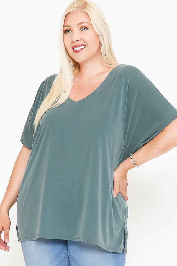 Side Slit With V-neck Dolman Short Sleeve Solid Blouse