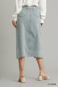 Asymmetrical Waist And Button Up Front Split Denim Skirt With Back Pockets And Unfinished Hem