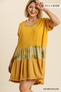 Tie Dye V-neck Short Folded Sleeve Raw Edged Detail Dress With Fringed Hem