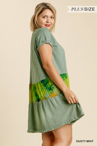 Tie Dye V-neck Short Folded Sleeve Raw Edged Detail Dress With Fringed Hem