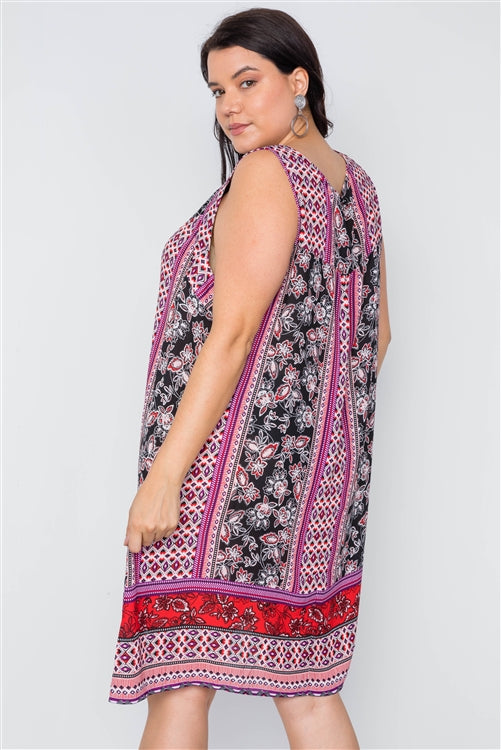 Plus Size Boho Floral Mix Print Sleeveless Dress