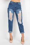 Jeans de mezclilla con frente rasgado y strass