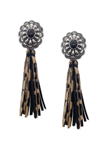 Western Style Natural Stone Faux Leather Tassel Dangle Earring