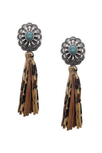 Western Style Natural Stone Faux Leather Tassel Dangle Earring