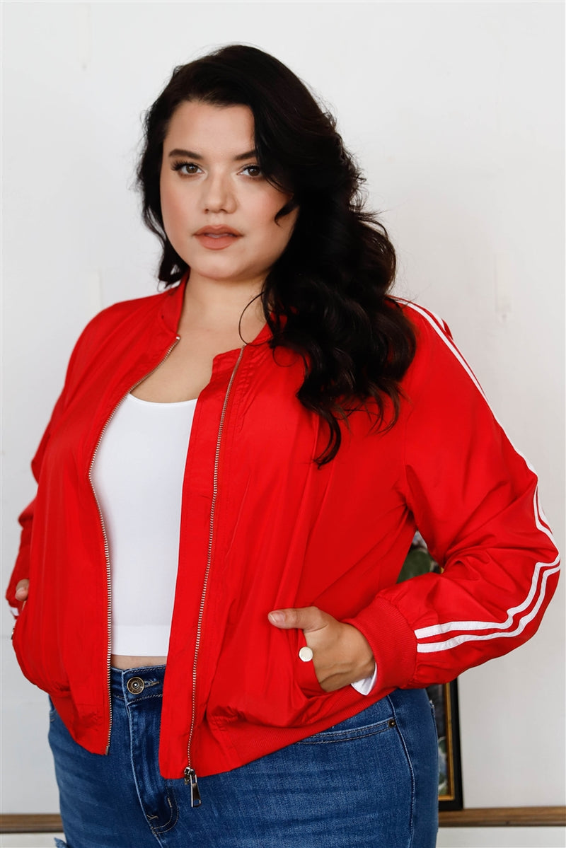 Chaqueta bomber cortavientos deportiva con ribete de rayas Le Mans retro roja y blanca de talla grande