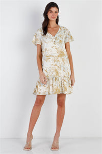 Olive & Taupe Color Paint Print Ruffle Hem Button Up Detail Mini Dress